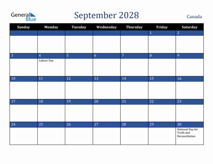 September 2028 Canada Calendar (Sunday Start)
