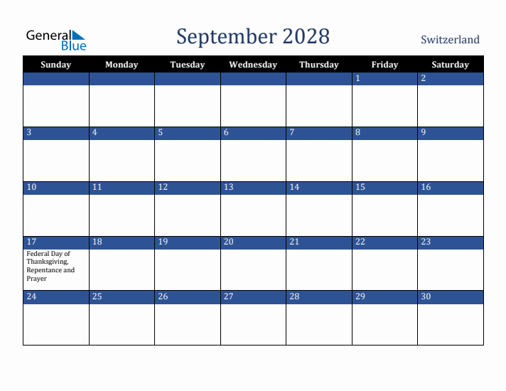September 2028 Switzerland Calendar (Sunday Start)