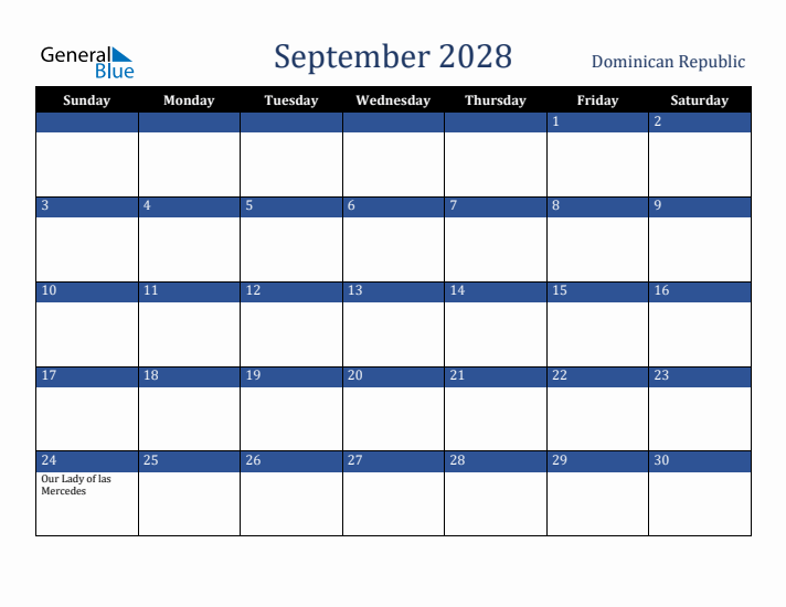 September 2028 Dominican Republic Calendar (Sunday Start)