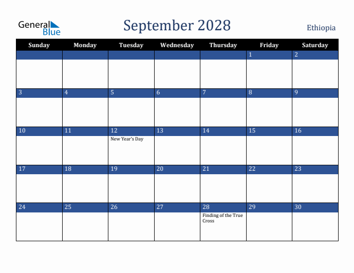 September 2028 Ethiopia Calendar (Sunday Start)