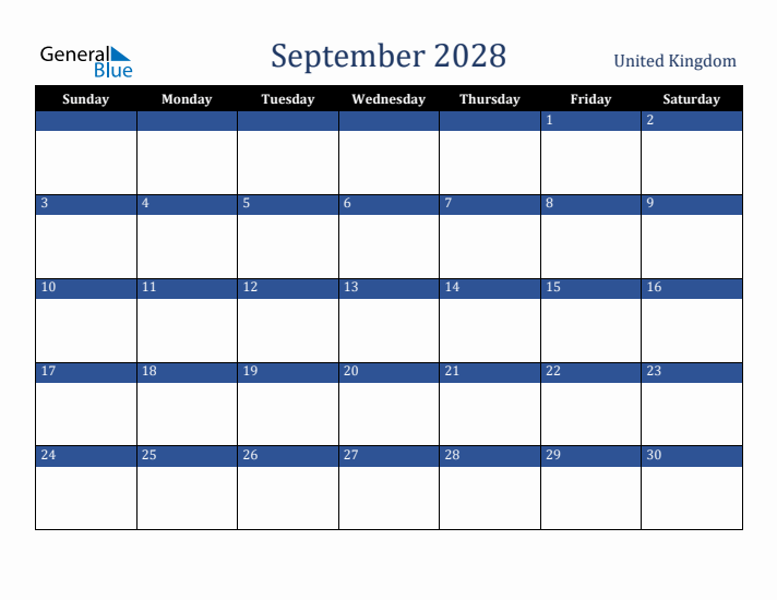 September 2028 United Kingdom Calendar (Sunday Start)