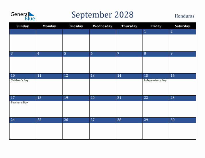 September 2028 Honduras Calendar (Sunday Start)