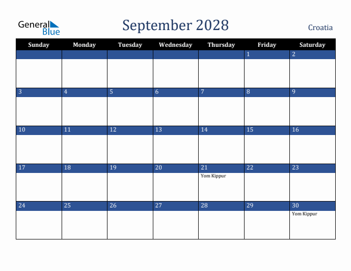 September 2028 Croatia Calendar (Sunday Start)
