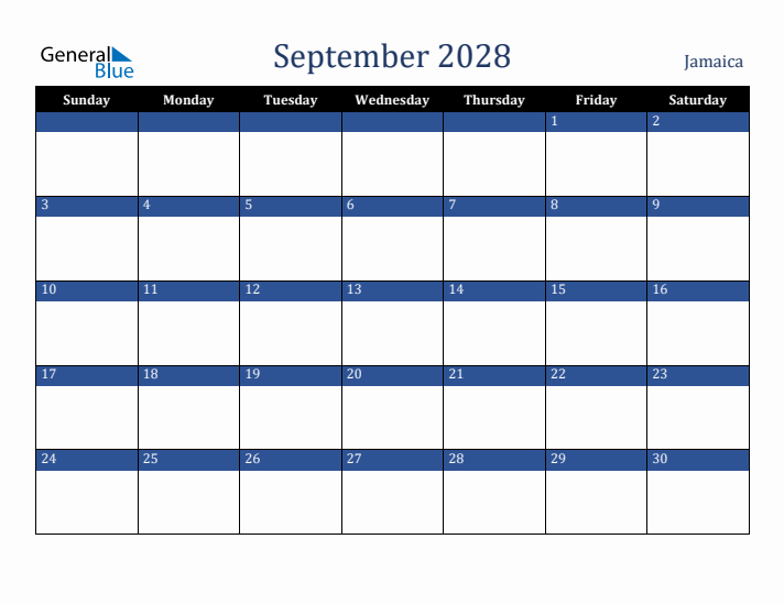 September 2028 Jamaica Calendar (Sunday Start)