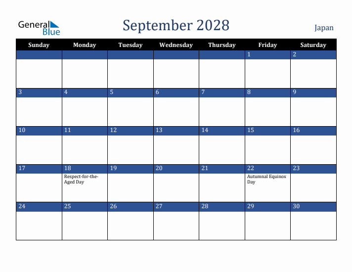September 2028 Japan Calendar (Sunday Start)
