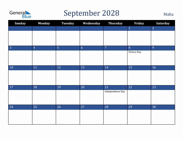 September 2028 Malta Calendar (Sunday Start)
