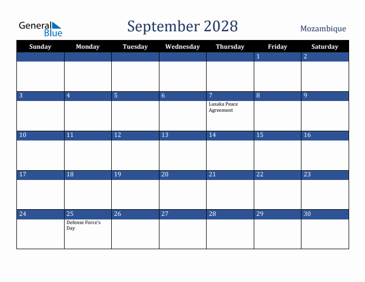 September 2028 Mozambique Calendar (Sunday Start)