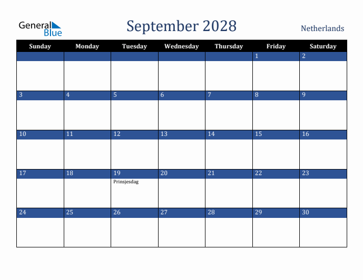 September 2028 The Netherlands Calendar (Sunday Start)