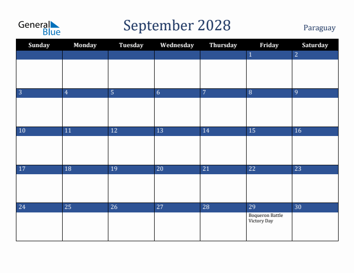 September 2028 Paraguay Calendar (Sunday Start)