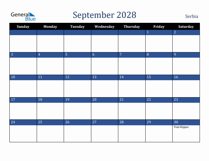 September 2028 Serbia Calendar (Sunday Start)