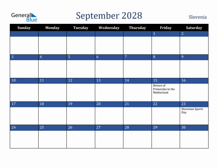 September 2028 Slovenia Calendar (Sunday Start)