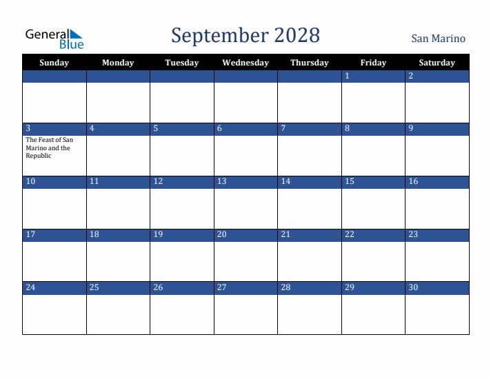 September 2028 San Marino Calendar (Sunday Start)