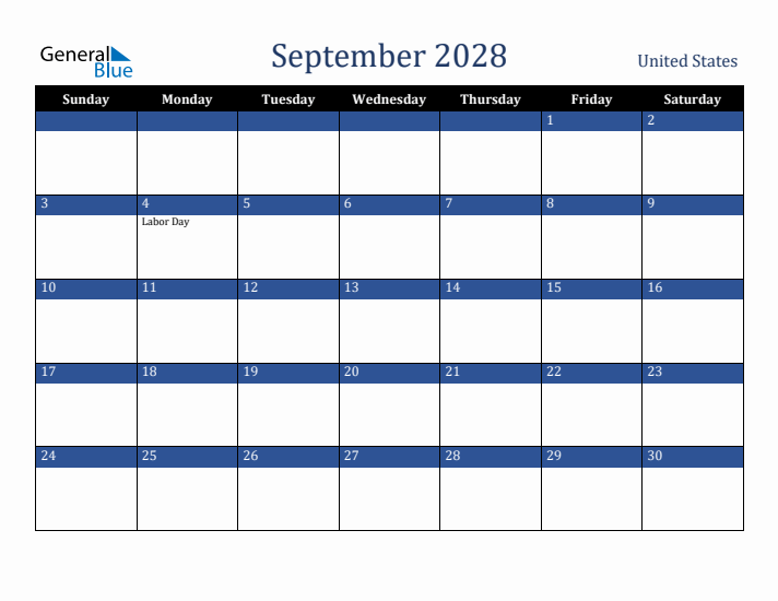 September 2028 Monthly Calendar with United States Holidays