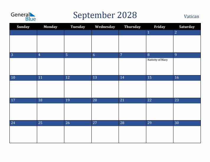 September 2028 Vatican Calendar (Sunday Start)
