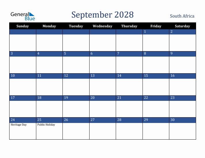 September 2028 South Africa Calendar (Sunday Start)