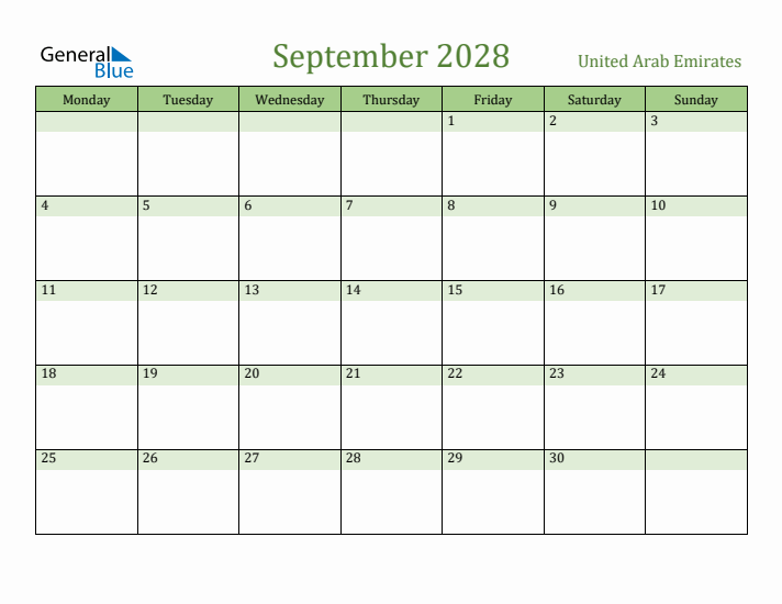 September 2028 Calendar with United Arab Emirates Holidays