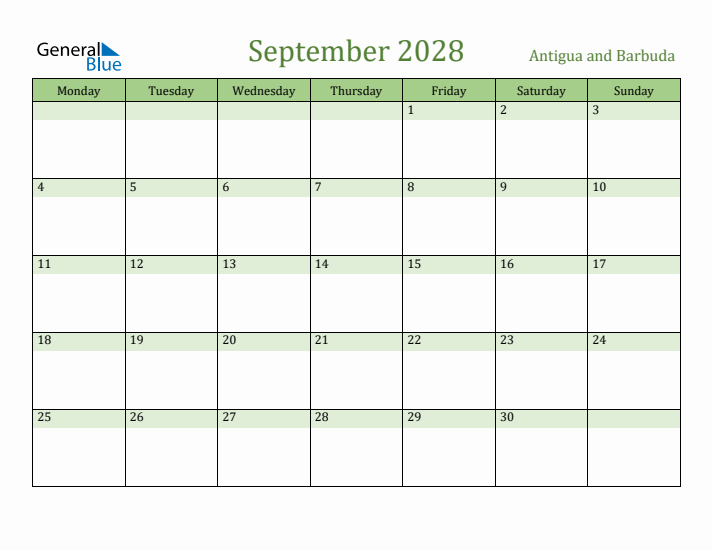 September 2028 Calendar with Antigua and Barbuda Holidays