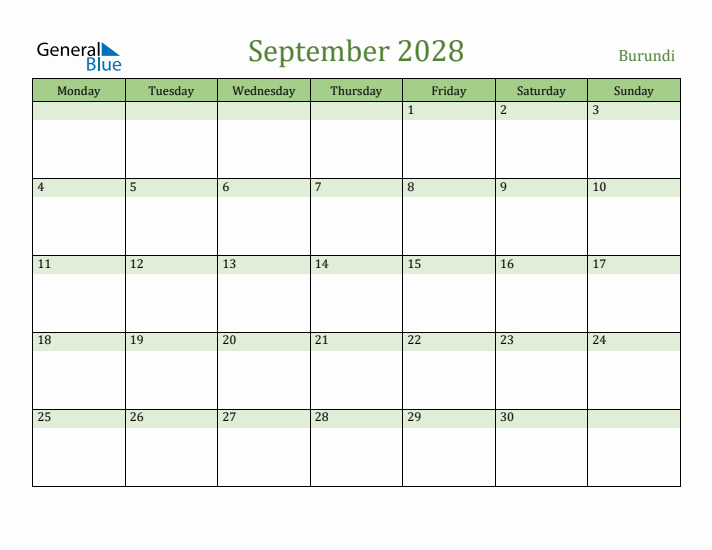 September 2028 Calendar with Burundi Holidays
