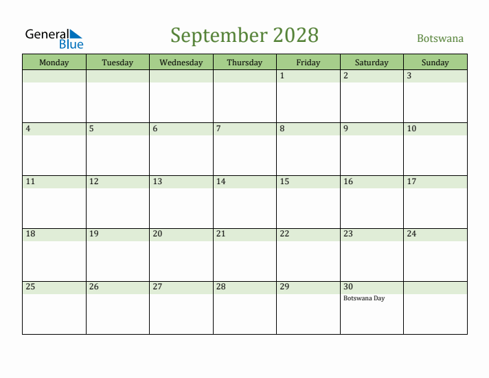 September 2028 Calendar with Botswana Holidays