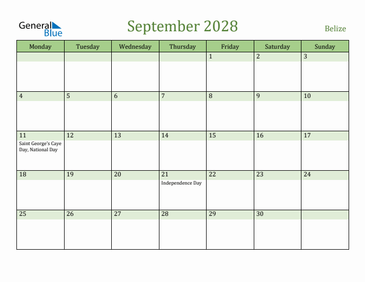 September 2028 Calendar with Belize Holidays