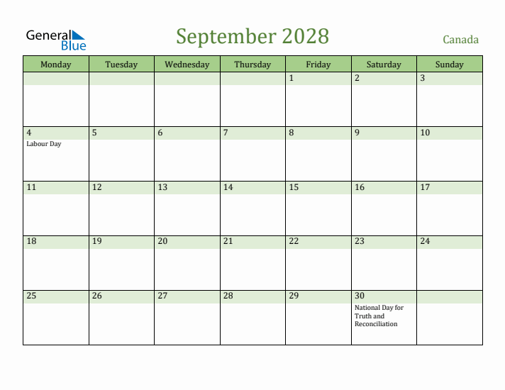 September 2028 Calendar with Canada Holidays