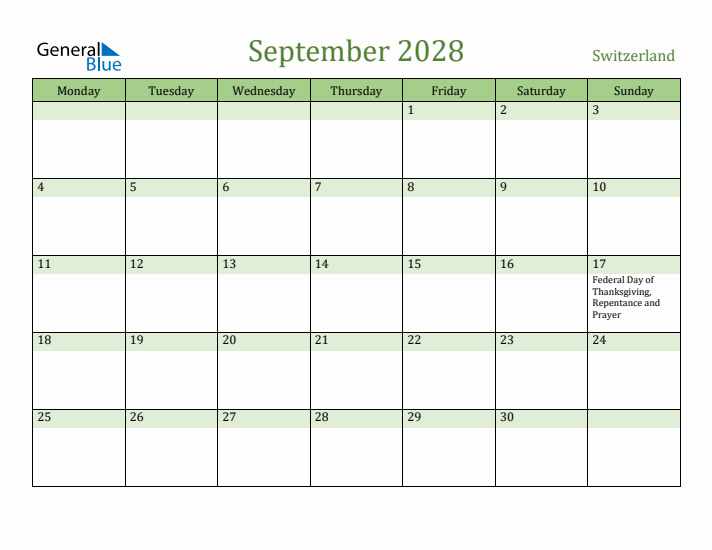 September 2028 Calendar with Switzerland Holidays