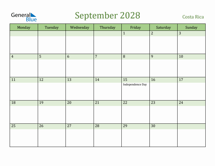 September 2028 Calendar with Costa Rica Holidays