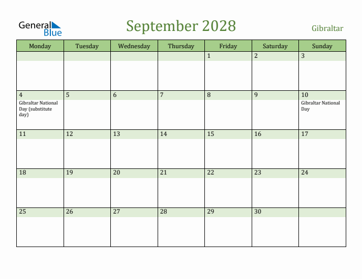 September 2028 Calendar with Gibraltar Holidays