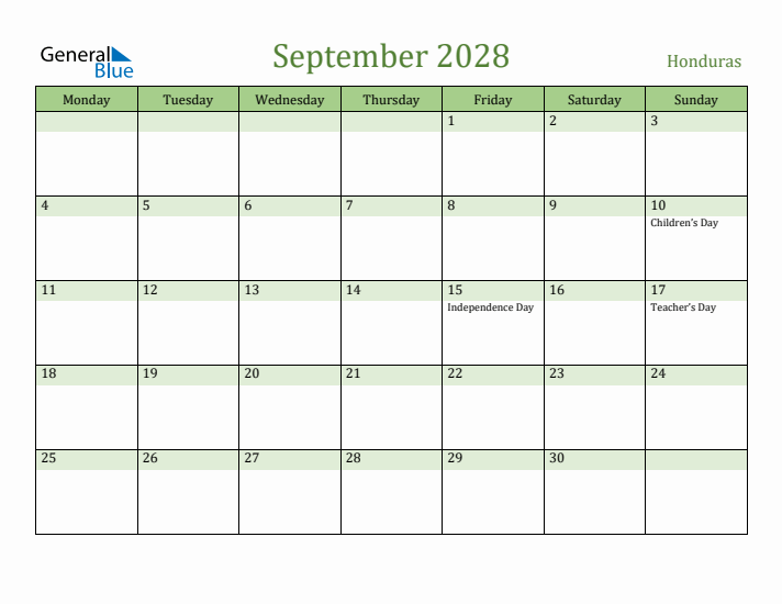 September 2028 Calendar with Honduras Holidays