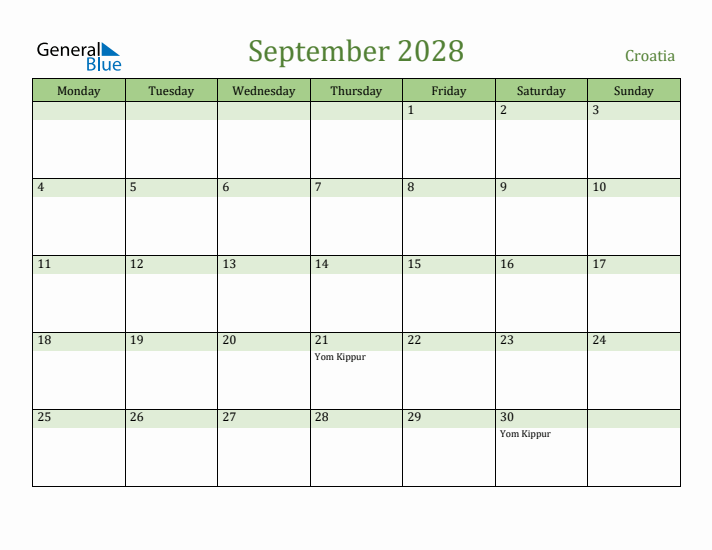 September 2028 Calendar with Croatia Holidays