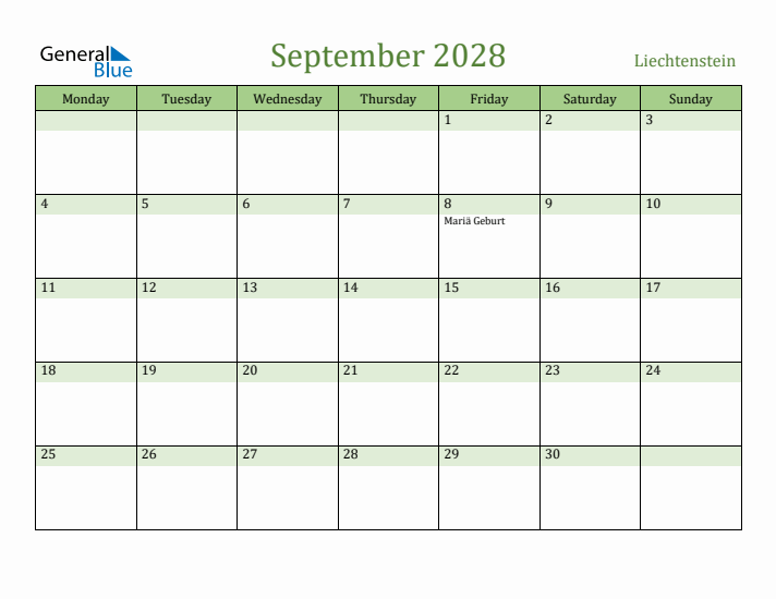 September 2028 Calendar with Liechtenstein Holidays