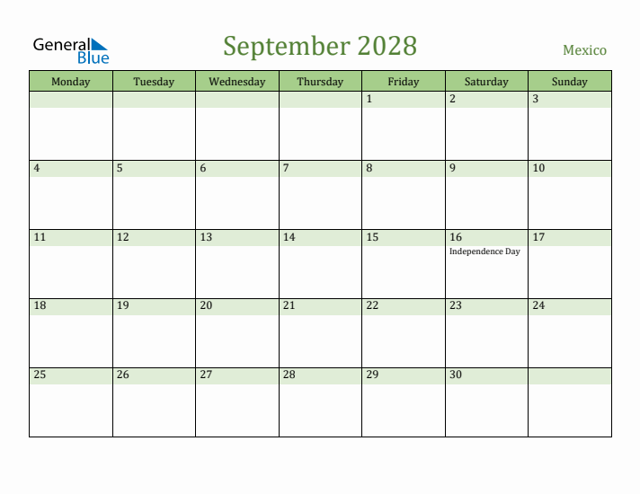 September 2028 Calendar with Mexico Holidays