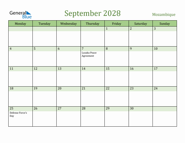 September 2028 Calendar with Mozambique Holidays