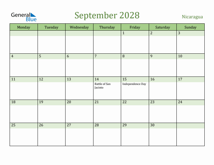 September 2028 Calendar with Nicaragua Holidays