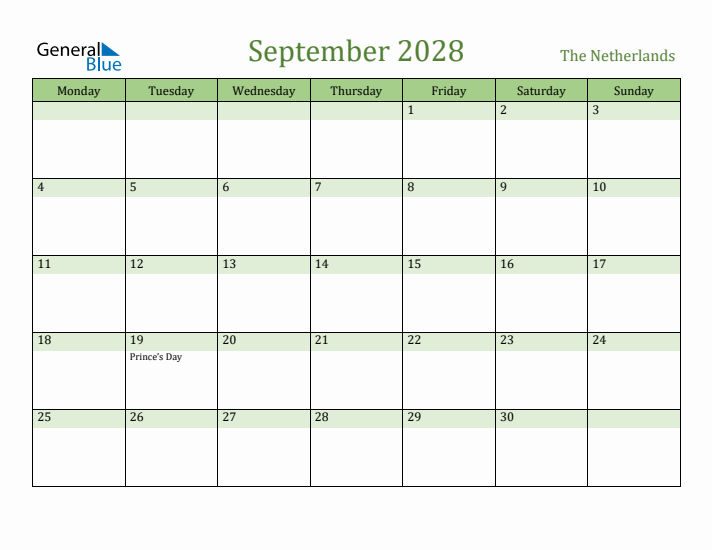 September 2028 Calendar with The Netherlands Holidays