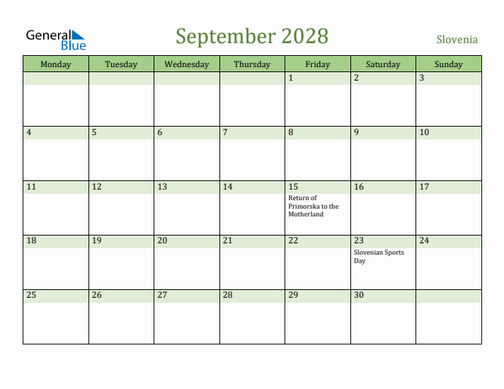September 2028 Calendar with Slovenia Holidays