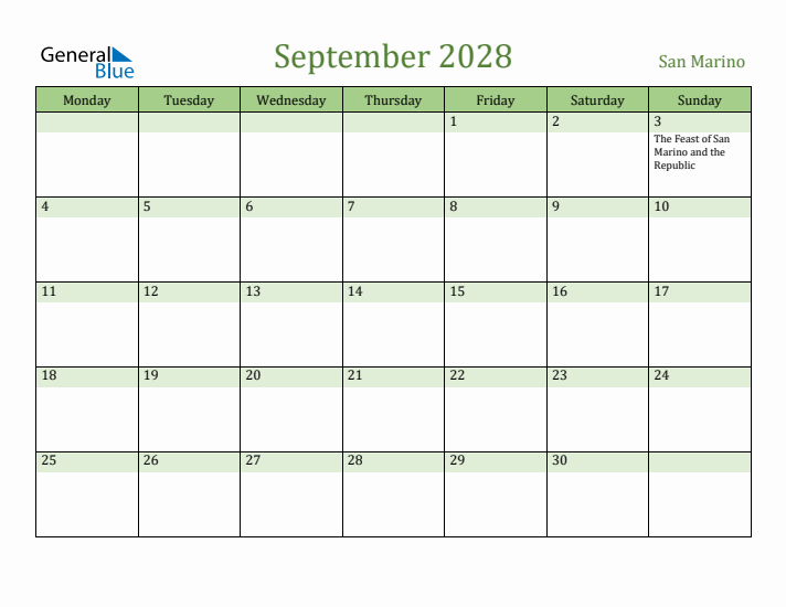 September 2028 Calendar with San Marino Holidays