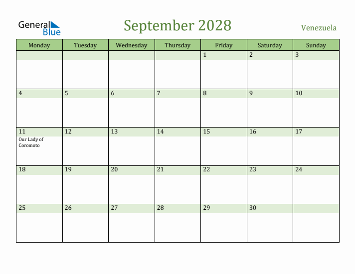 September 2028 Calendar with Venezuela Holidays