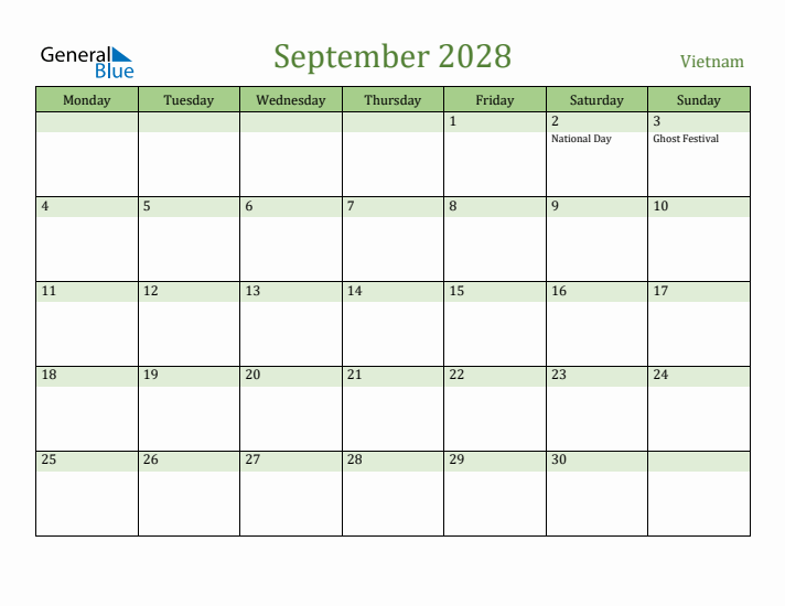 September 2028 Calendar with Vietnam Holidays