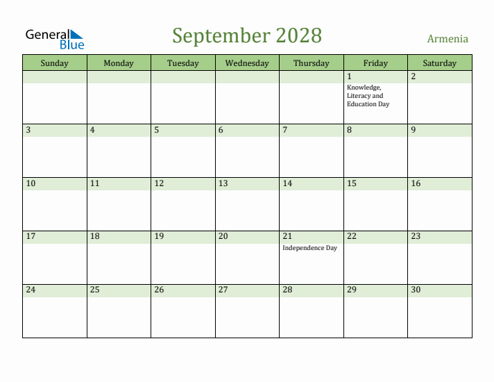September 2028 Calendar with Armenia Holidays