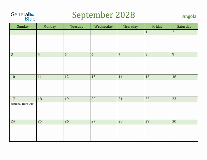 September 2028 Calendar with Angola Holidays