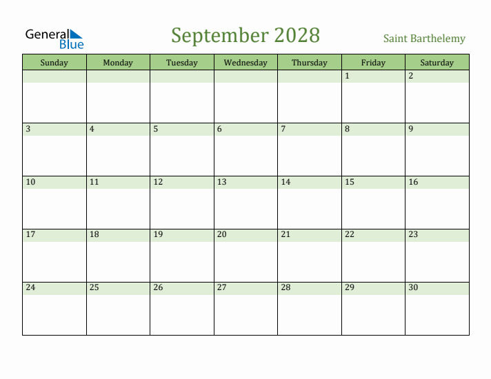 September 2028 Calendar with Saint Barthelemy Holidays