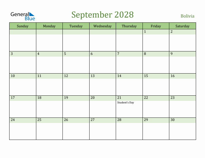 September 2028 Calendar with Bolivia Holidays