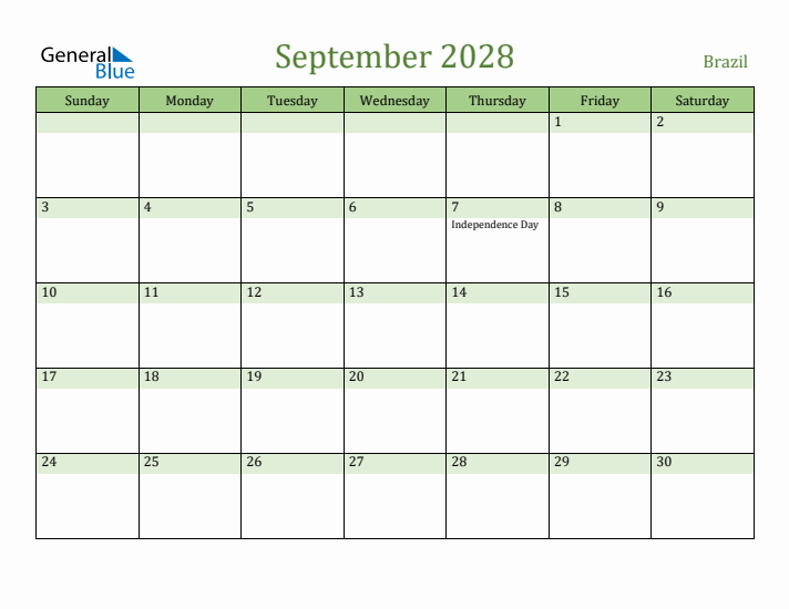 September 2028 Calendar with Brazil Holidays