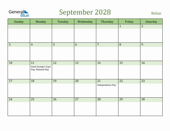 September 2028 Calendar with Belize Holidays