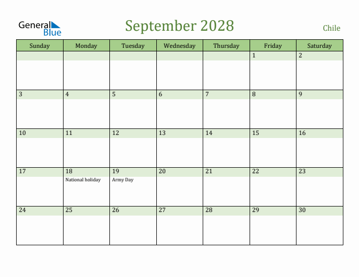 September 2028 Calendar with Chile Holidays