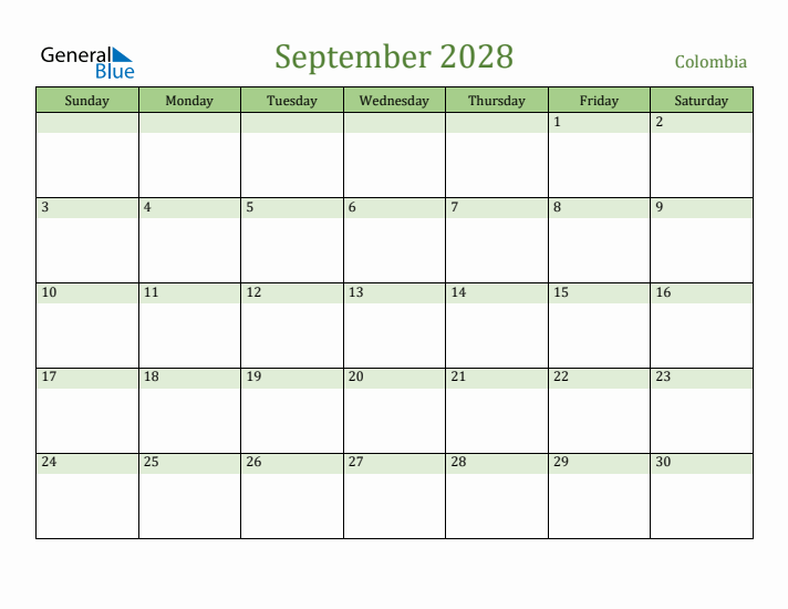 September 2028 Calendar with Colombia Holidays