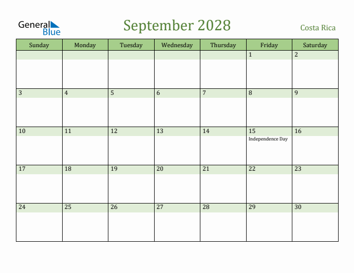 September 2028 Calendar with Costa Rica Holidays