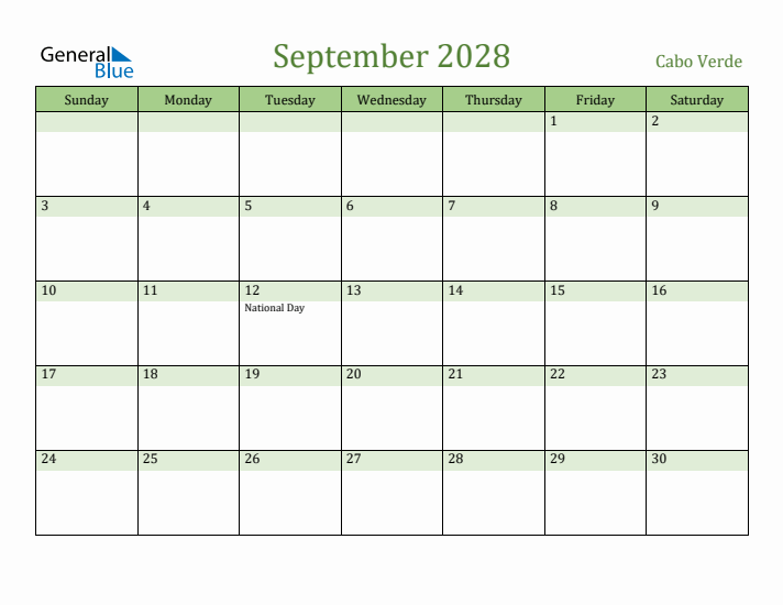 September 2028 Calendar with Cabo Verde Holidays