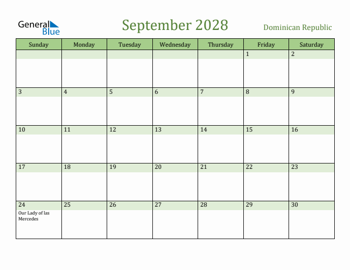 September 2028 Calendar with Dominican Republic Holidays
